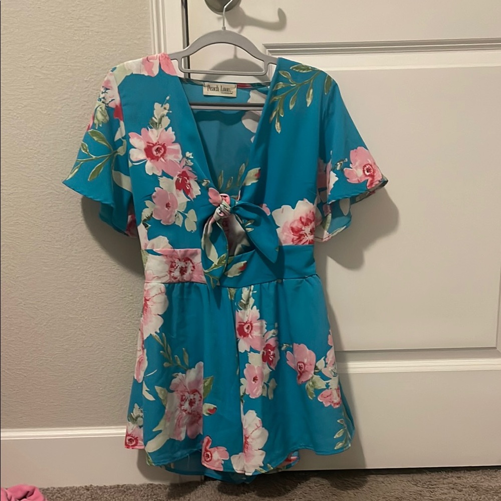 Peach Love California Blue Romper with Tie Front and Short Sleeves